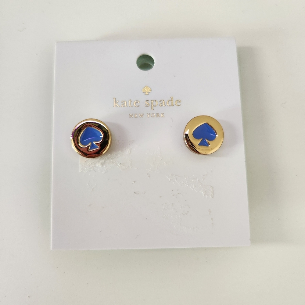 Kate Spade Blue Spot The Spade Logo Stud Earrings Gold Tone